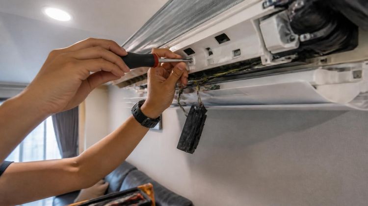 Hands repairing a wall-mounted air conditioner with a screwdriver, filter panel open.