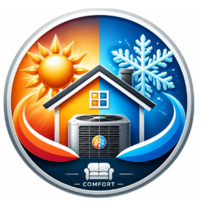 Circular HVAC logo with a house, sun, snowflake, and airflow arrows, symbolizing heating and cooling.
