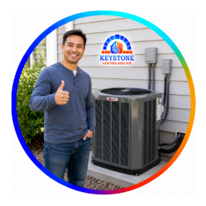 Man standing beside a large outdoor HVAC unit, giving a thumbs-up in front of a service van logo.