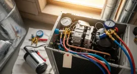 Open toolbox with compressor and gauges, cables and tools on a windowsill.
