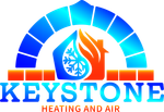 Keystone Heating and Air logo with blue and orange arch, flame and snowflake icon, and text beneath