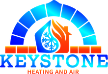 Keystone Heating and Air logo with blue and orange arch, flame and snowflake icon, and text beneath