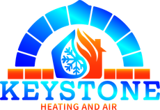 Keystone Heating and Air logo with blue and orange arch, flame and snowflake icon, and text beneath