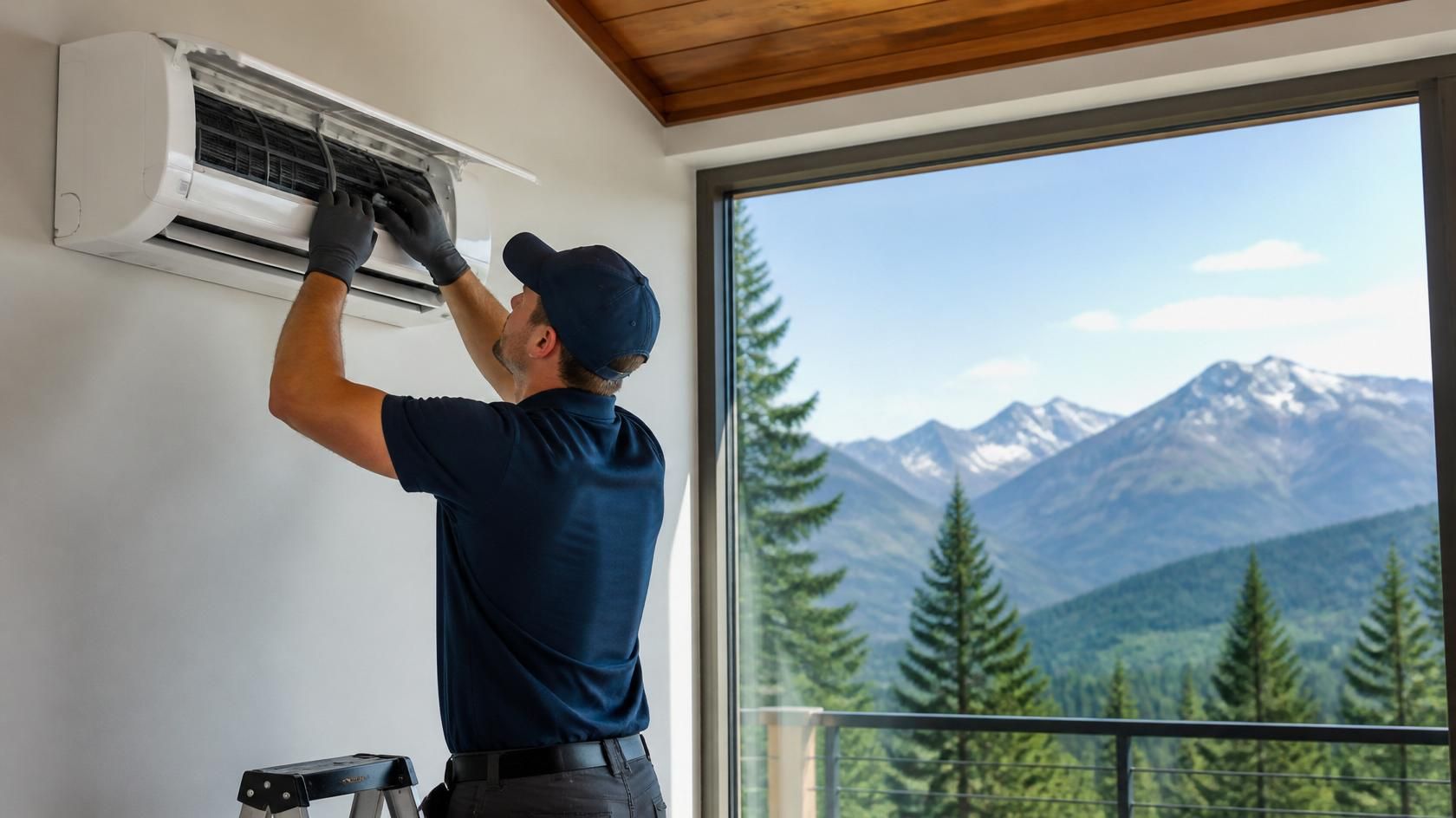 Technician servicing a wall-mounted air conditioner beside a window with mountain views