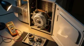 Open appliance with exposed motor parts beside a multimeter and tools on a workbench.