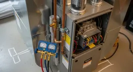 Open HVAC furnace with exposed wiring and blue test gauges in a utility room
