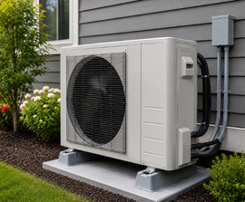 Technician using manifold gauges to service an outdoor air conditioning unit