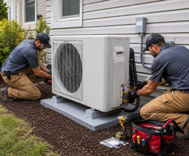 Air conditioner unit being serviced with gauges, hoses, and tools beside it outdoors