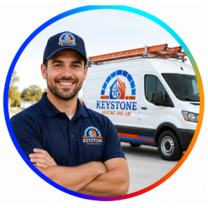 Blue-uniformed technician with utility van, logo, and ladders in a circular red-and-blue frame