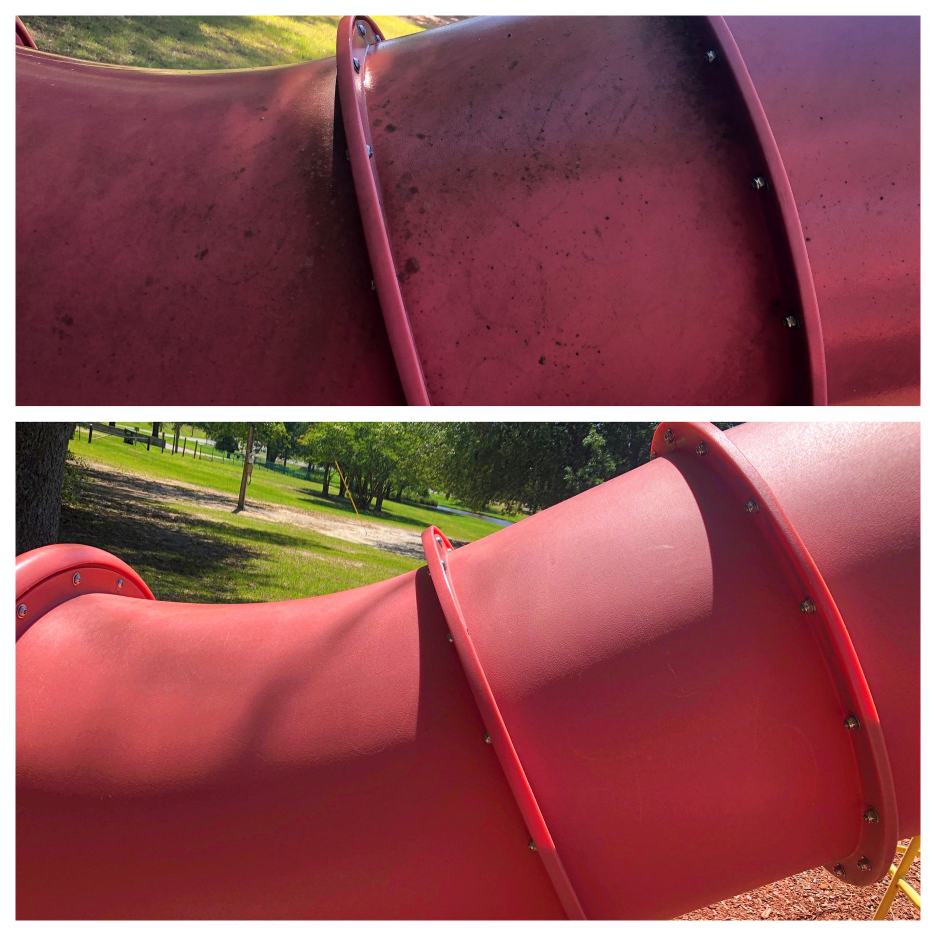 A before and after photo of a red slide in a park.