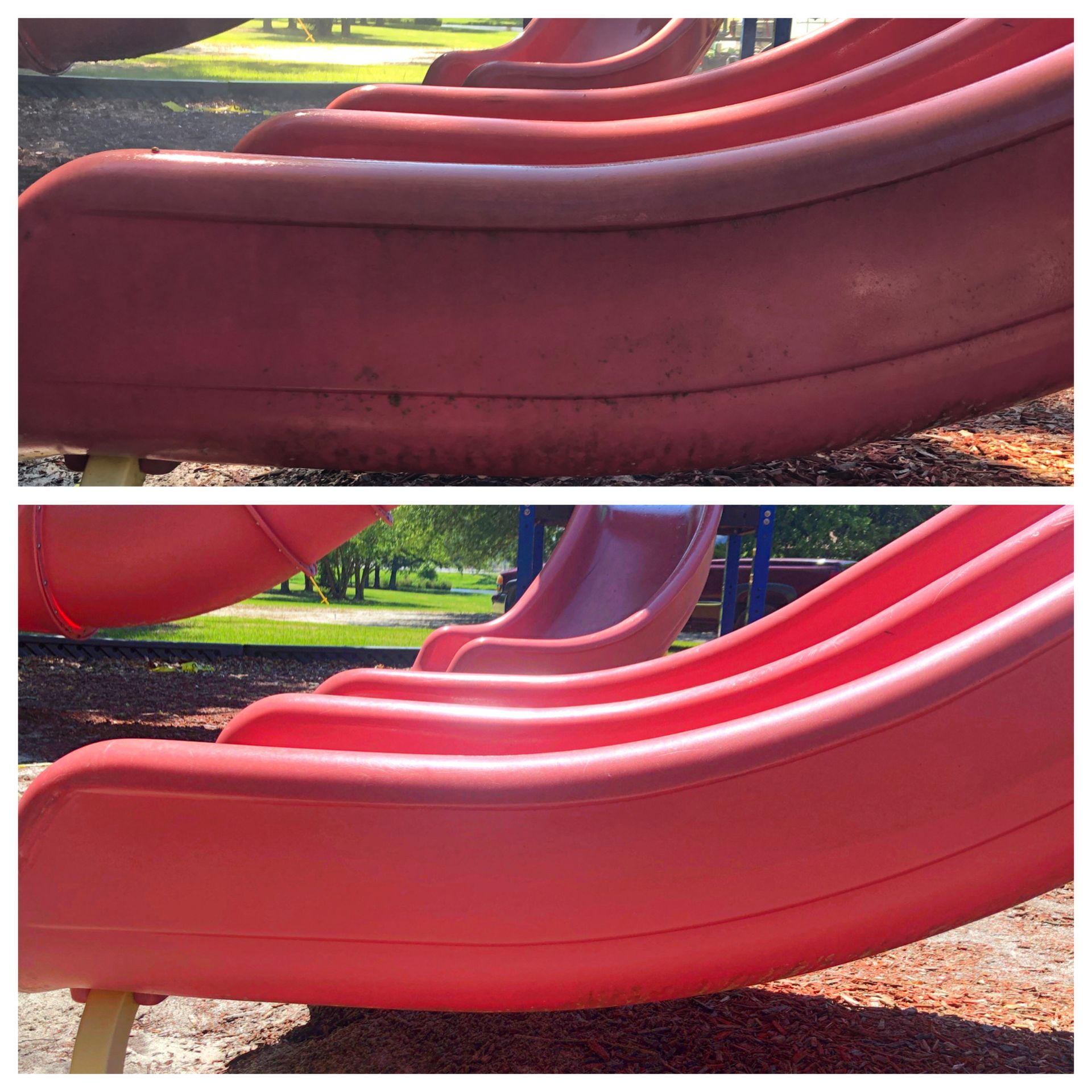 A before and after photo of a red slide in a park