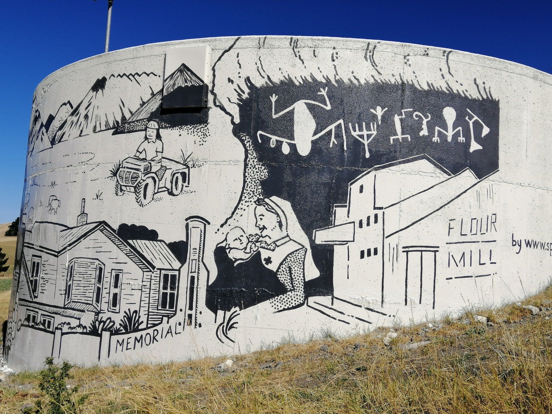 murals by margot.nz, atwork, custom, Illustration, sketching, design, commercial, business, corporate, product design, labels, graphics, drawn, hand, pencil, pen, black and white, buildings, people, lovel,m community, murals, margot.nz, nz, margot, margotkorhonen, margot korhonen, waikari, water tank, tourism, people, moari rock art, nursing, hospital, farming, steam train, pub, trucking, frog rock, family, history, district nursing