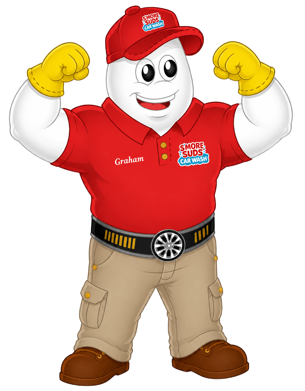 Smiling red and white mascot in a red cap and shirt, flexing both arms in a confident pose.