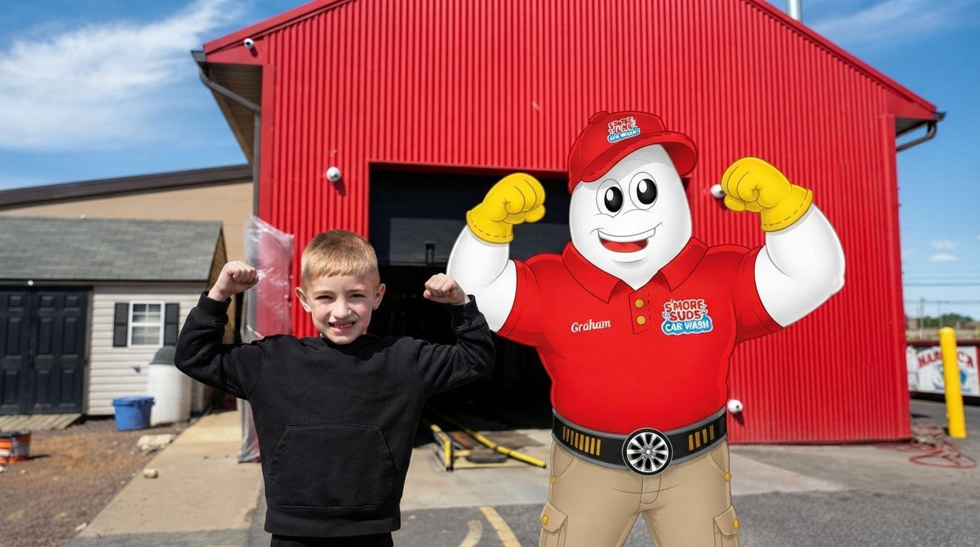 Smiling child posing with a red-uniformed mascot in front of a red building with raised arms