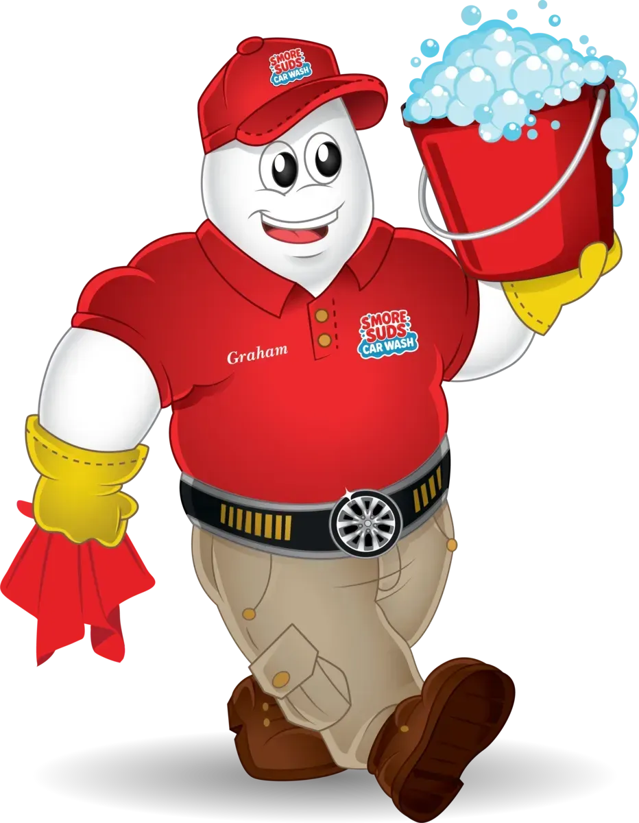 Smiling red-clad mascot holding a foamy red bucket and waving a red cloth