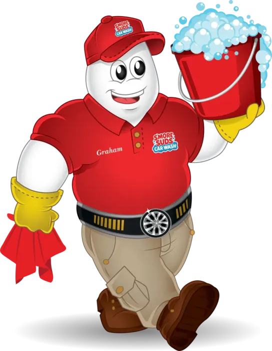 Mascot in red uniform holding a frothy red bucket and a red towel, smiling and walking.