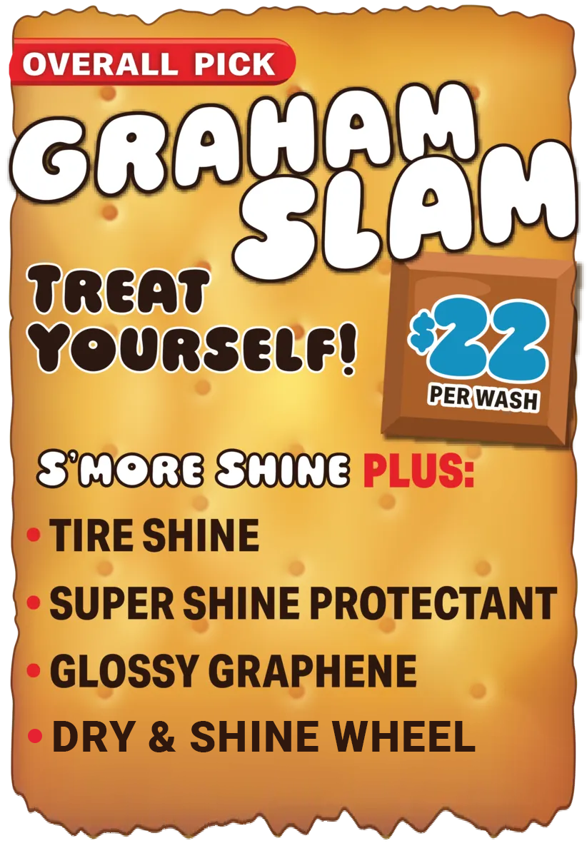 Grahan Slam treatment sign, orange background, $22 per wash, plus tire shine, super shine protectant, and glossy graphene. $32.99 for membership