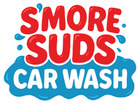 Smore Suds Car Wash logo in red and blue bubble letters on a blue splash background