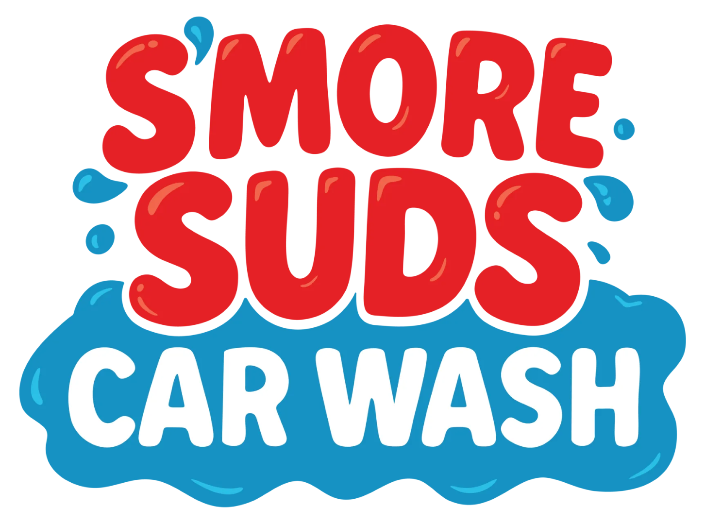 Smiling red and blue “Smore Suds Car Wash” logo with water splashes and bubbles
