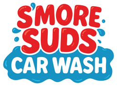 Smiling red and blue “Smore Suds Car Wash” logo with water splashes and bubbles