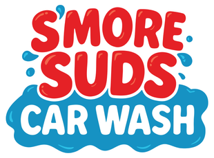 Smiling red and blue “Smore Suds Car Wash” logo with water splashes and bubbles