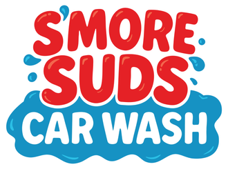 Smiling red and blue “Smore Suds Car Wash” logo with water splashes and bubbles