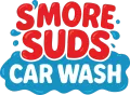 Smore Suds Car Wash logo in red and blue bubble letters on a blue splash background