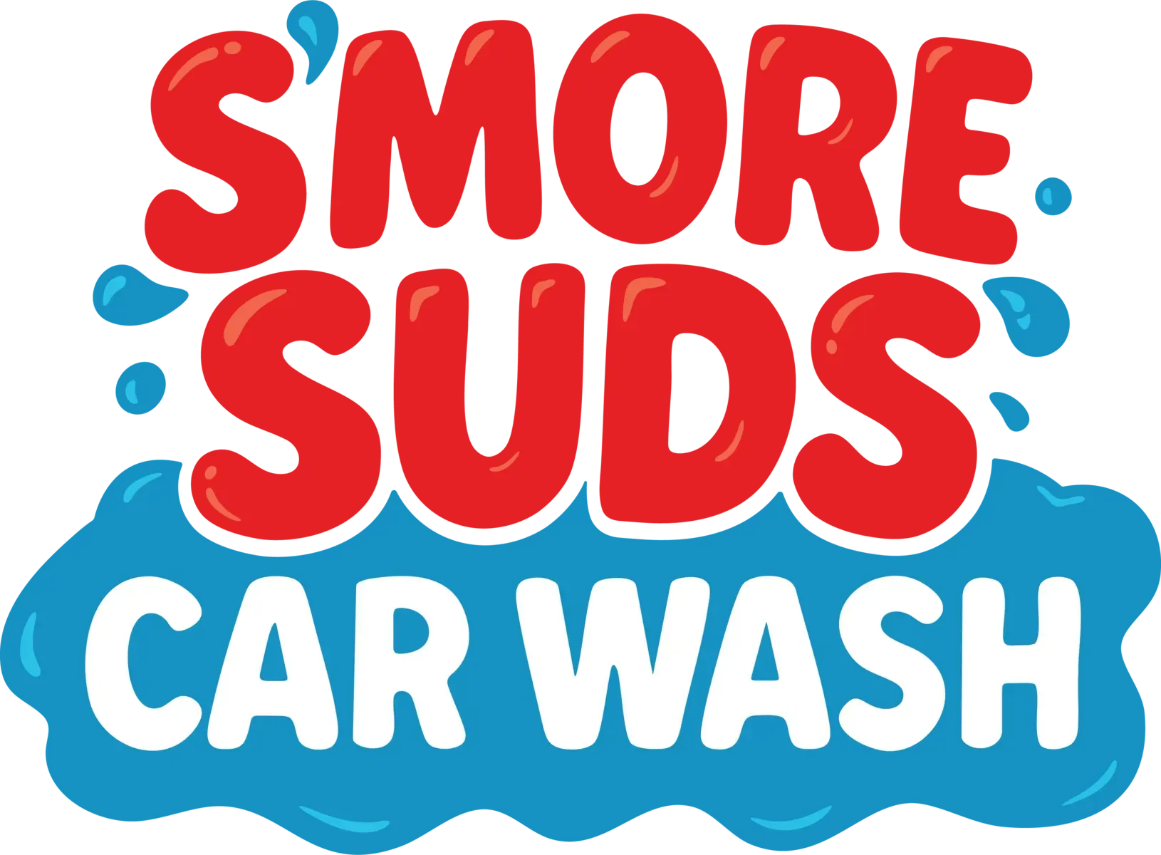 Smore Suds Car Wash logo in red and blue bubble letters on a blue splash background