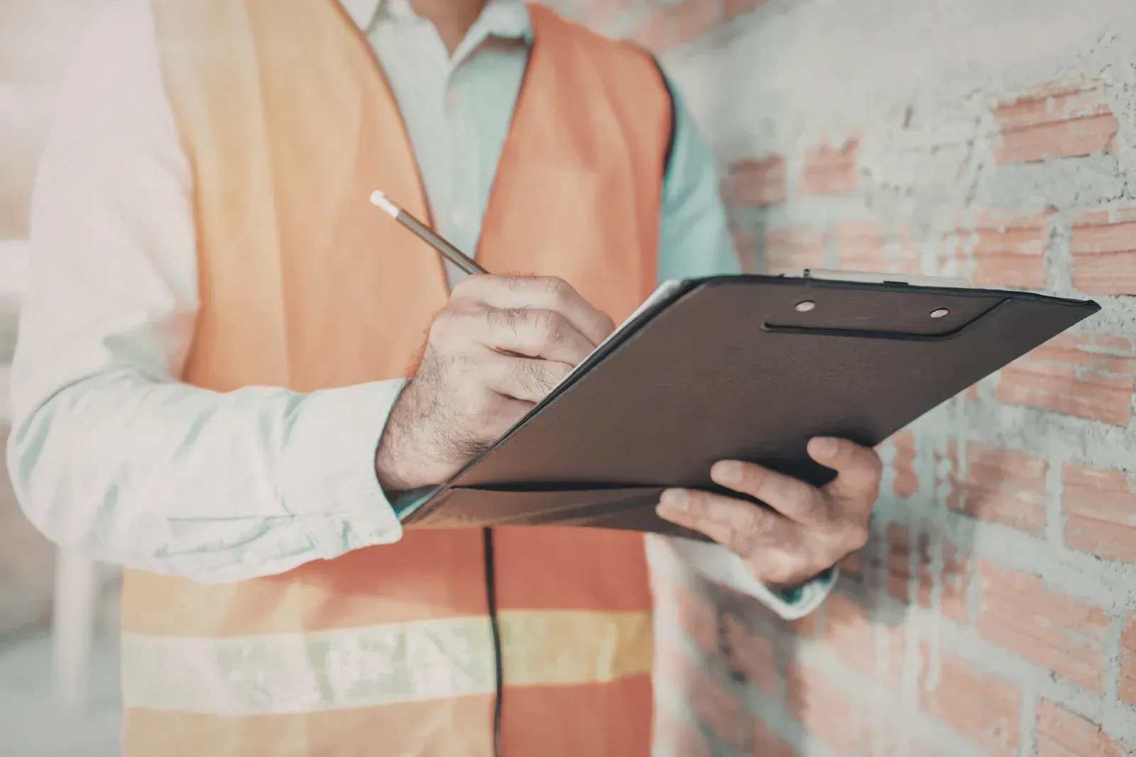 Person in orange vest testing water clarity with a handheld device, near a clipboard.