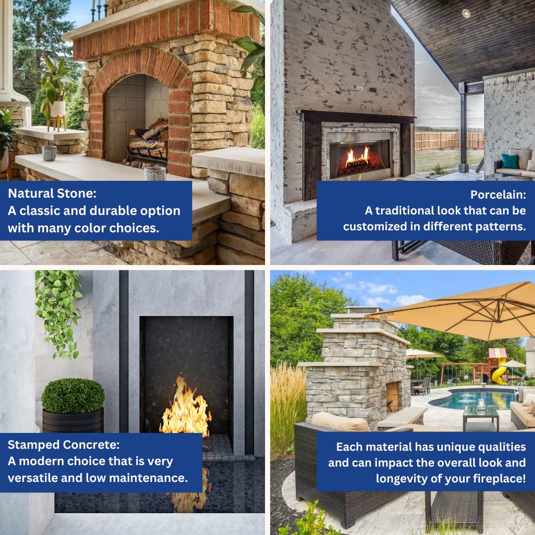 a collage of four pictures of different types of fireplaces that can withstand longevity simultaneously complements your outdoor decor.