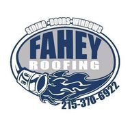 Fahey Roofing logo with window graphic, slogan &ldquo;Sliding-DoorS-Windows,&rdquo; and phone number 215-370-6922