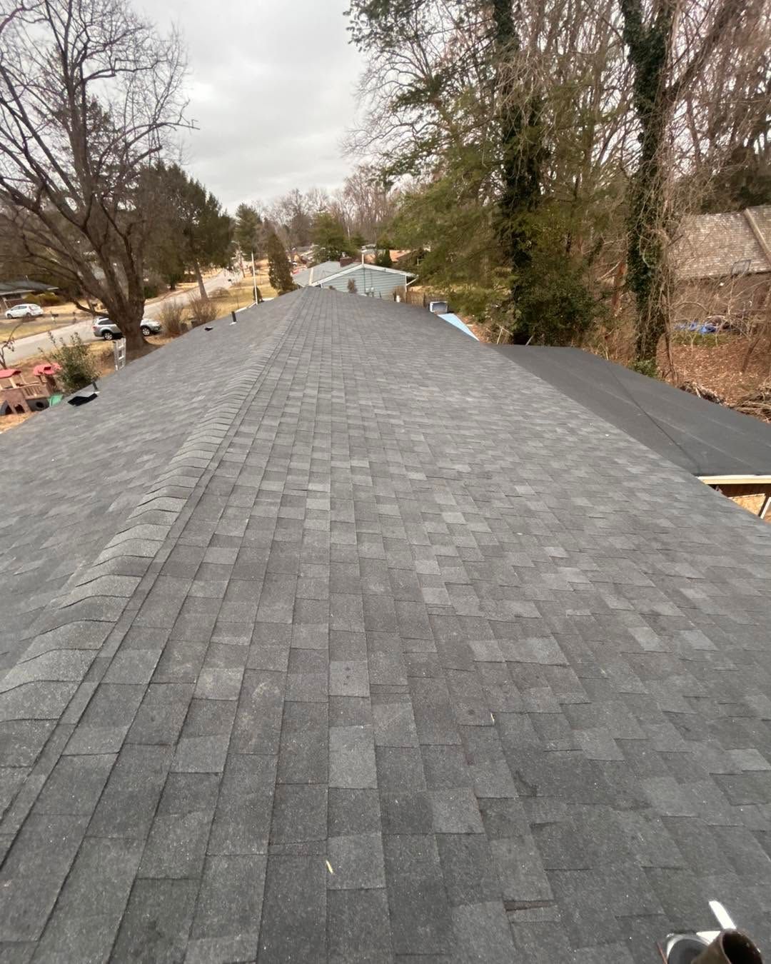 Long gray shingle roof with trees and yard on both sides under an overcast sky