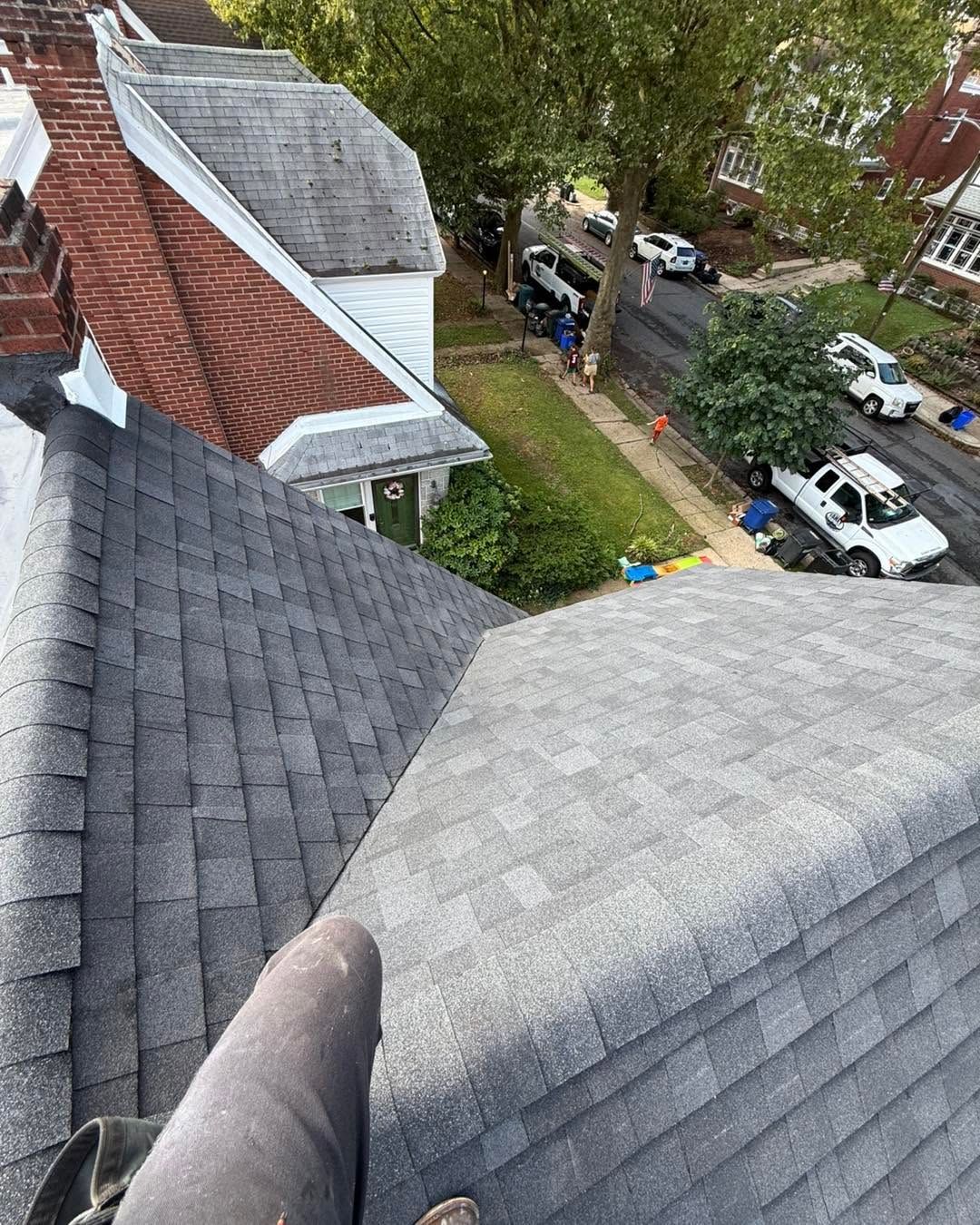 View from a rooftop over gray shingles to a residential street with parked cars and trees below