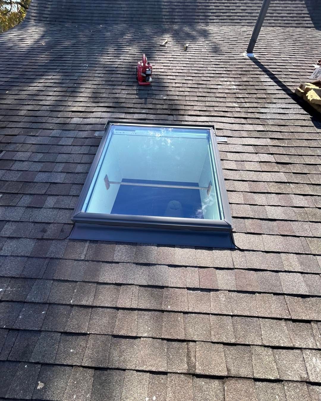 Roof skylight with a blue frame on dark shingles, and a small red object near the top.