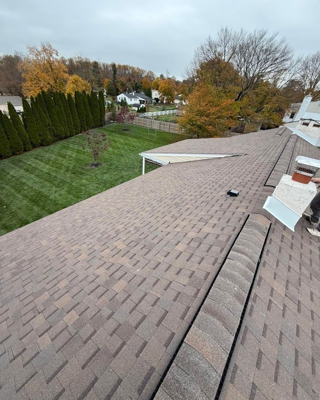 Residential rooftop with brown shingles, overlooking a grassy yard and autumn trees