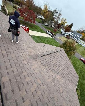 Person walking on a brick roof in a suburban neighborhood on a cloudy day