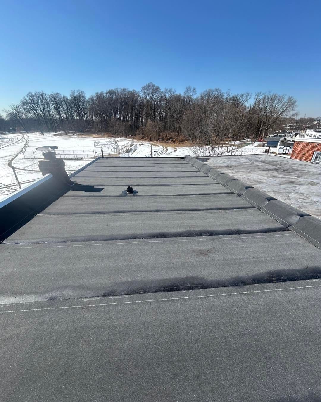 Flat gray rooftop with a small vent, snow-covered ground, and leafless trees under a clear blue sky