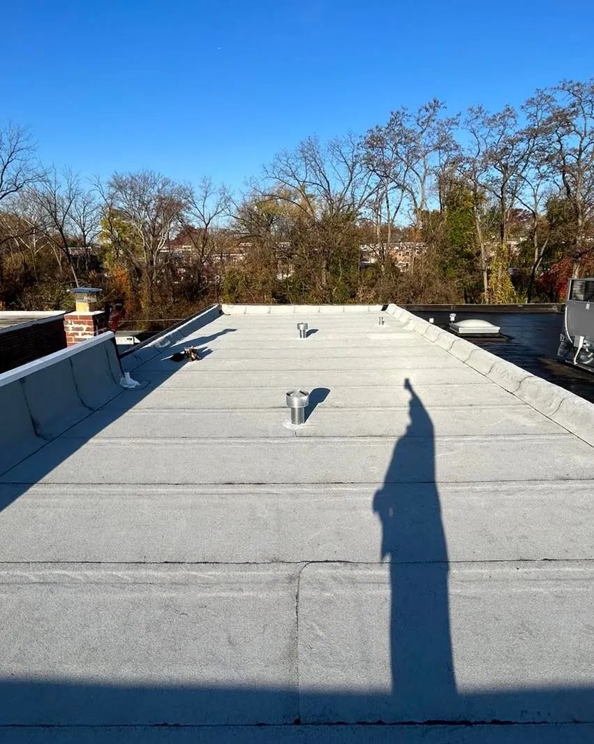 Flat white rooftop under blue sky, with trees in the background and a long shadow in the foreground.