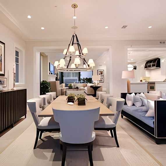 Modern open-plan living room and kitchen with glossy floors, dark furniture, and purple accent lighting