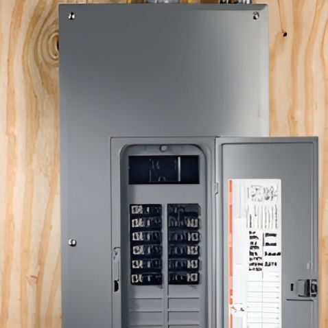 Electrical breaker panel with rows of switches and colorful wiring in a workshop-like room