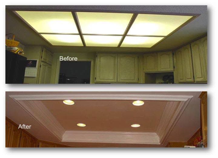 Before-and-after kitchen ceiling lighting update: frosted fluorescent panel replaced by recessed lights and trim.