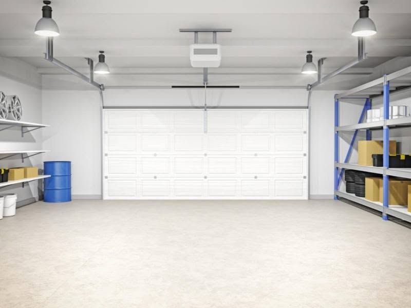 Empty white garage with shelves, hanging lights, blue barrels, and a closed double garage door.