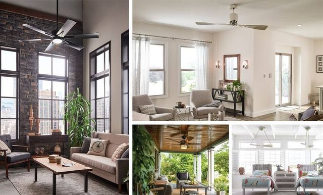 Collage of bright modern living rooms with large windows, neutral furniture, and indoor plants