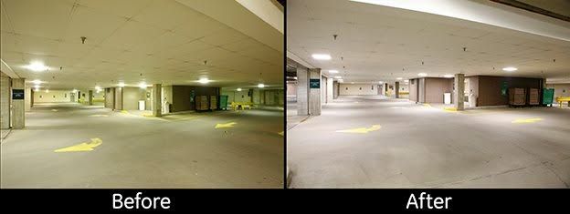 Parking garage interior comparison labeled “Before” and “After,” showing brighter lighting and cleaner floors after.