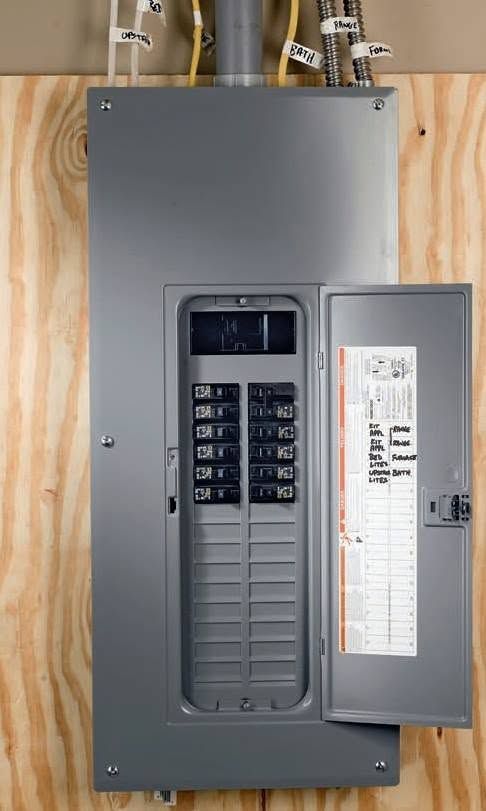 Gray electrical breaker panel with open door and labeled circuit breakers mounted on plywood wall