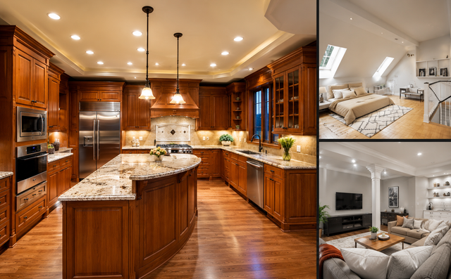 Luxury kitchen with island and warm wood cabinets, plus two bright modern bedroom and living room interiors