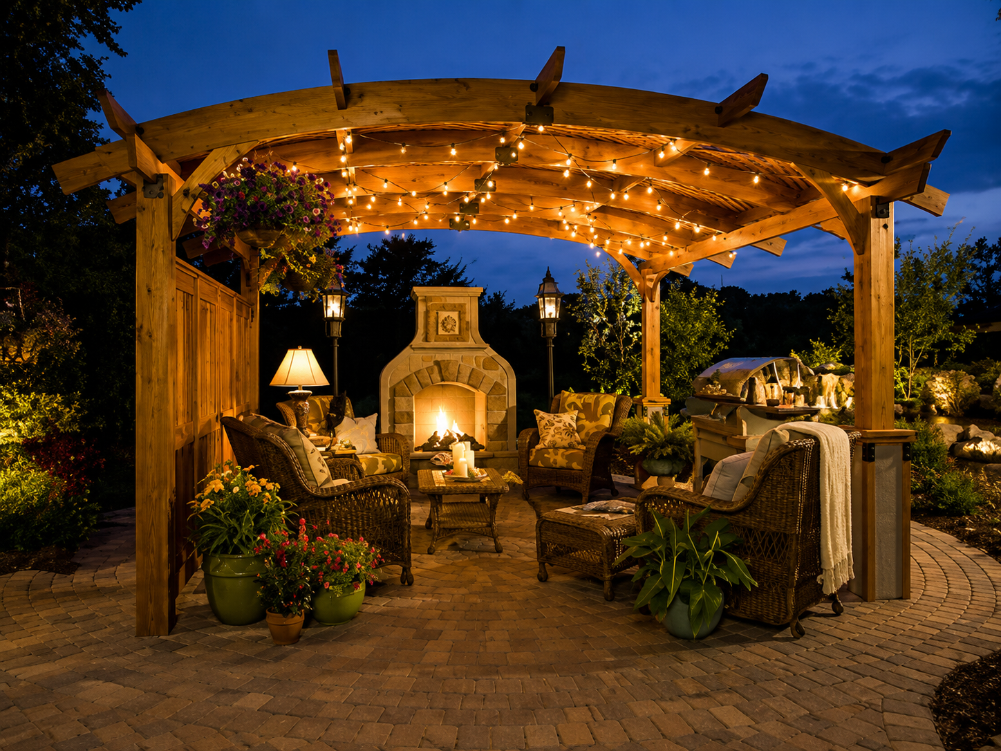 Cozy outdoor patio with wicker chairs, warm string lights, and a glowing fireplace at dusk