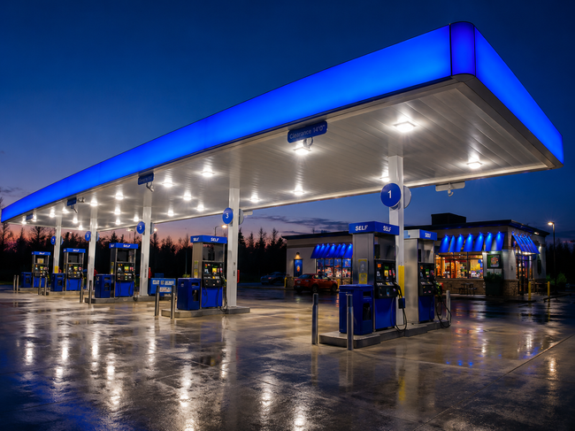 Blue-lit gas station at dusk with wet pavement reflecting the canopy lights