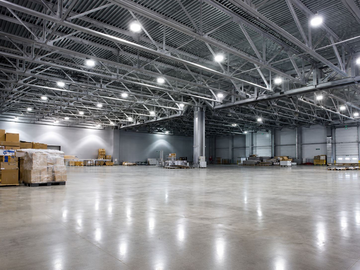 Empty warehouse interior with polished concrete floor, stacked pallets, and bright overhead lights