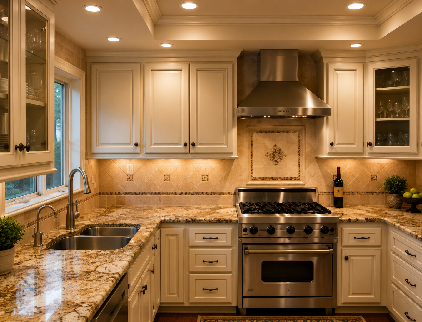 Bright, modern kitchen with cream cabinets, granite counters, stainless stove, and warm recessed lighting